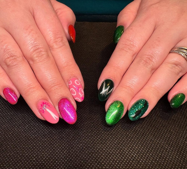 Pink and green glitter nails